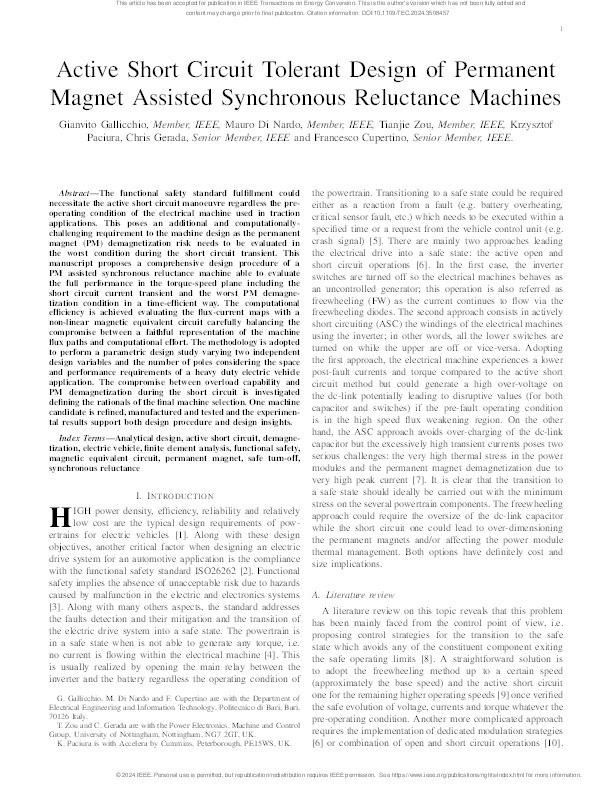 Active Short Circuit Tolerant Design of Permanent Magnet Assisted Synchronous Reluctance Machines Thumbnail