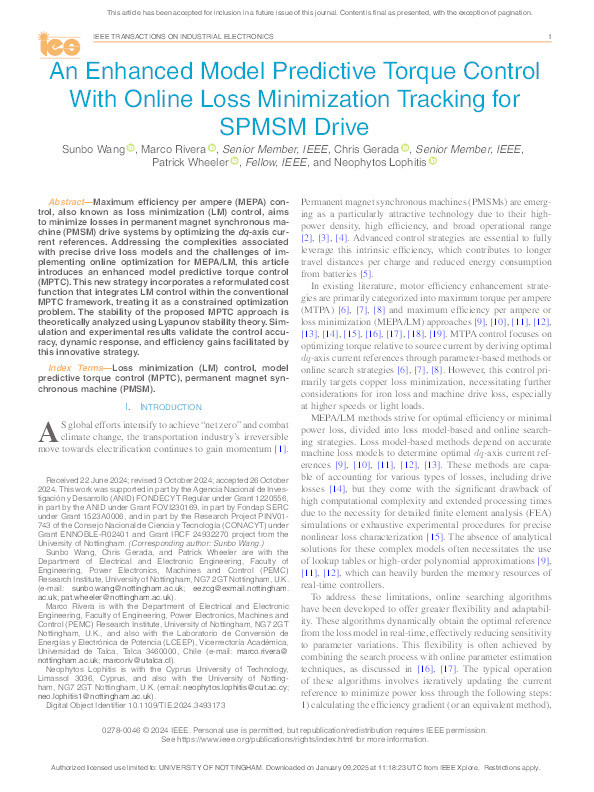 An Enhanced Model Predictive Torque Control With Online Loss Minimization Tracking for SPMSM Drive Thumbnail