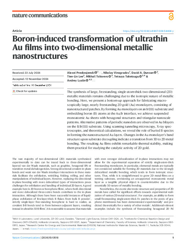 Boron-induced transformation of ultrathin Au films into two-dimensional metallic nanostructures Thumbnail