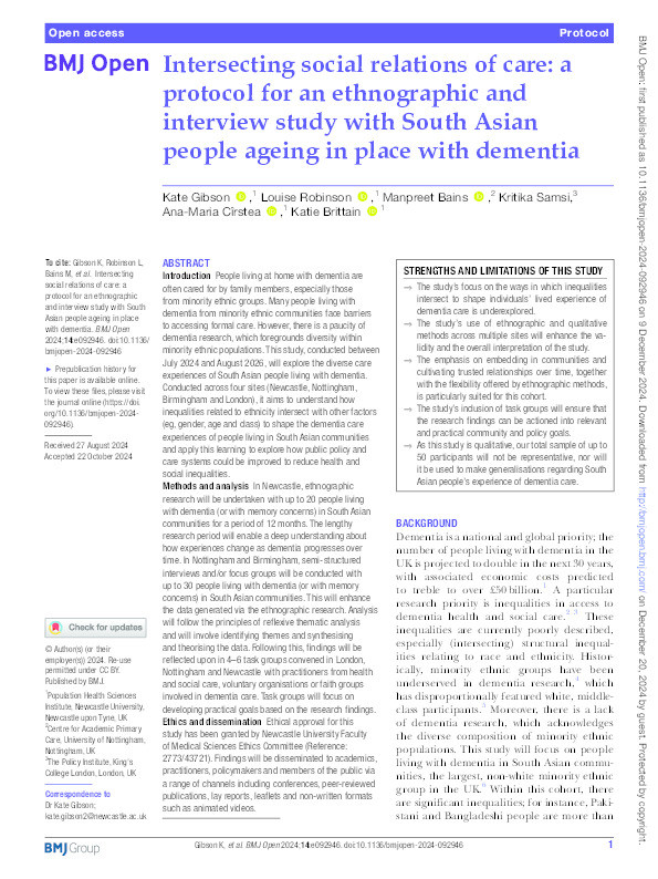 Intersecting social relations of care: a protocol for an ethnographic and interview study with South Asian people ageing in place with dementia Thumbnail