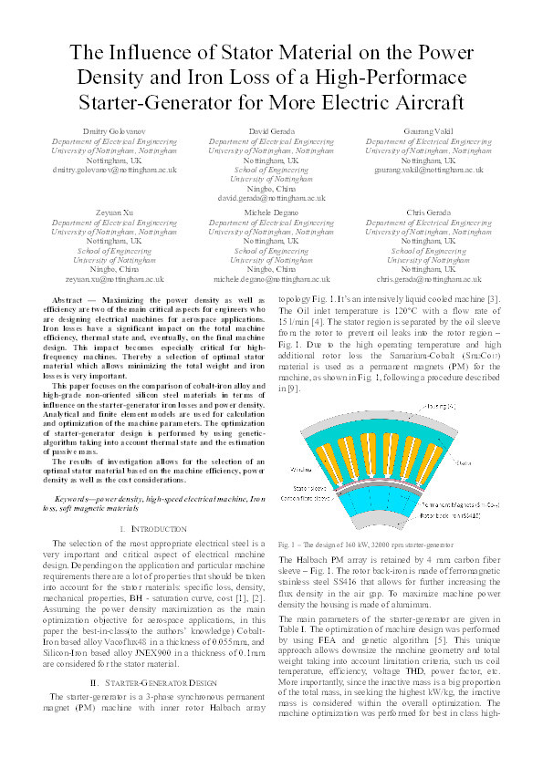 The Influence of Stator Material on the Power Density and Iron Loss of a High-Performace Starter-Generator for More Electric Aircraft Thumbnail