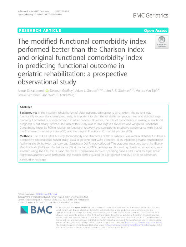 The modified functional comorbidity index performed better than the Charlson index and original functional comorbidity index in predicting functional outcome in geriatric rehabilitation: a prospective observational study Thumbnail