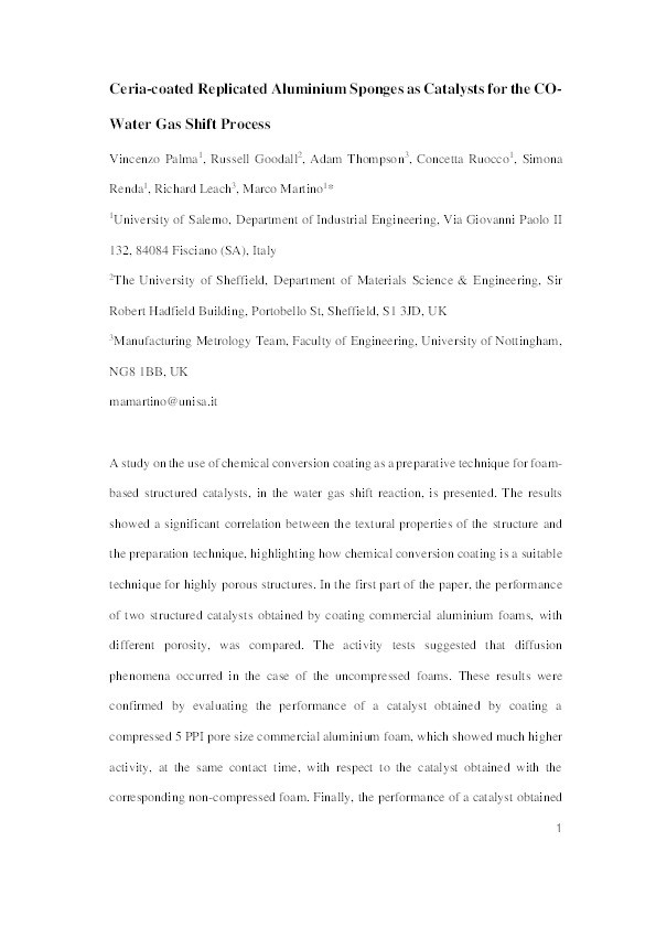 Ceria-coated replicated aluminium sponges as catalysts for the CO-water gas shift process Thumbnail