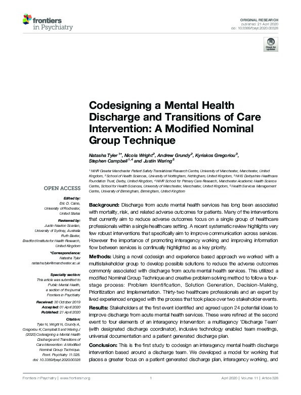 Codesigning a Mental Health Discharge and Transitions of Care Intervention: A Modified Nominal Group Technique Thumbnail