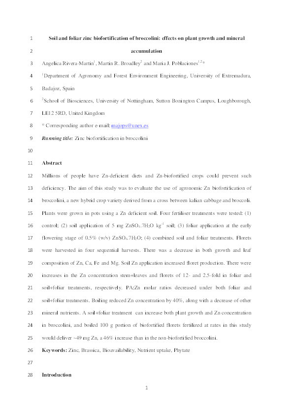 Soil and foliar zinc biofortification of broccolini: effects on plant growth and mineral accumulation Thumbnail