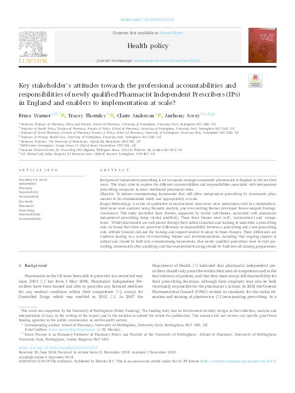 Key stakeholder's attitudes towards the professional accountabilities and responsibilities of newly qualified Pharmacist Independent Prescribers (IPs) in England and enablers to implementation at scale? Thumbnail