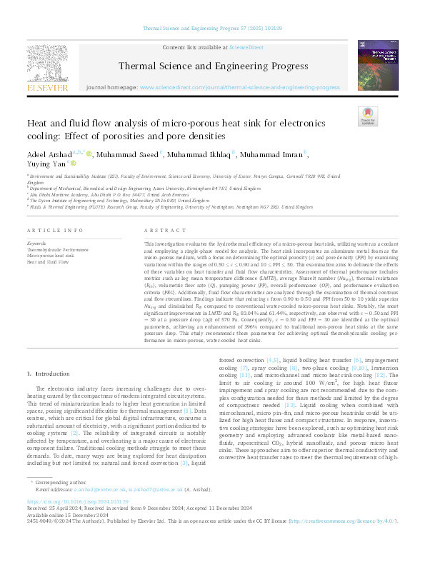 Heat and fluid flow analysis of micro-porous heat sink for electronics cooling: Effect of porosities and pore densities Thumbnail