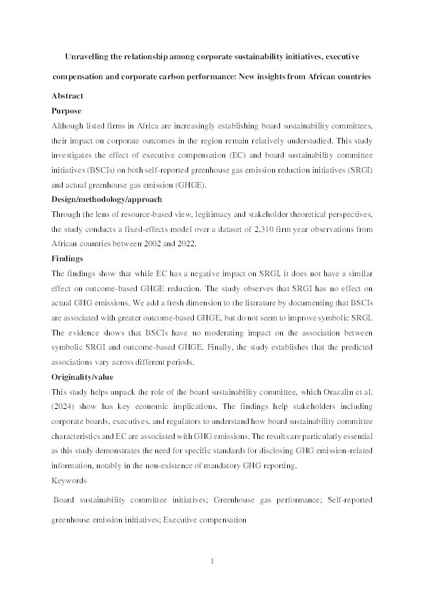 Unravelling the relationship among corporate sustainability initiatives, executive compensation and corporate carbon performance: new insights from African countries Thumbnail