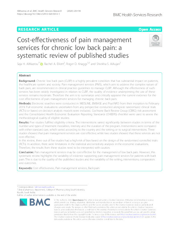 Cost-effectiveness of pain management services for chronic low back pain: a systematic review of published studies Thumbnail