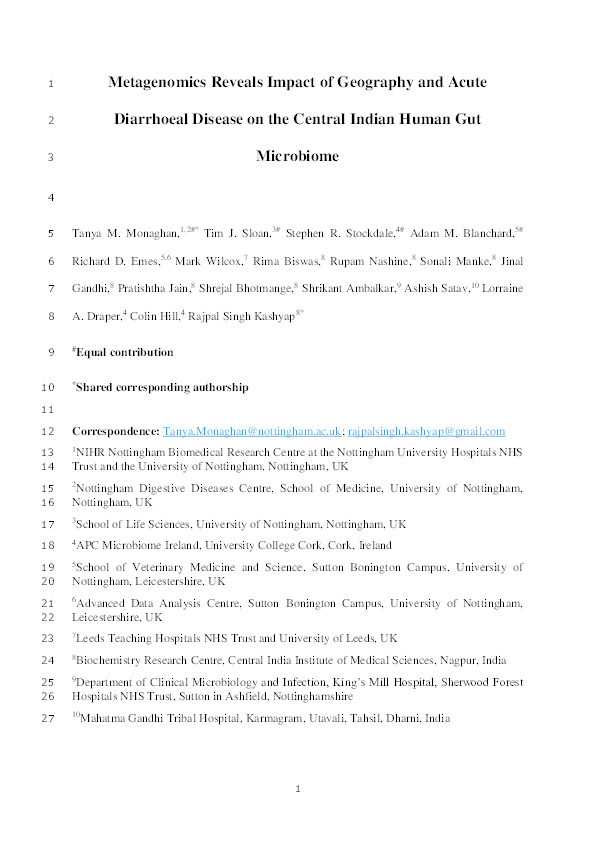 Metagenomics Reveals Impact of Geography and Acute Diarrhoeal Disease on the Central Indian Human Gut Microbiome Thumbnail