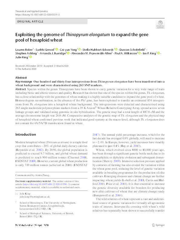 Exploiting the genome of Thinopyrum elongatum to expand the gene pool of hexaploid wheat Thumbnail