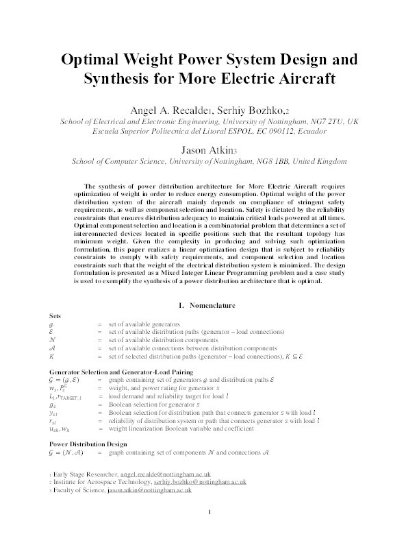Optimal Weight Power System Design and Synthesis for More Electric Aircraft Thumbnail