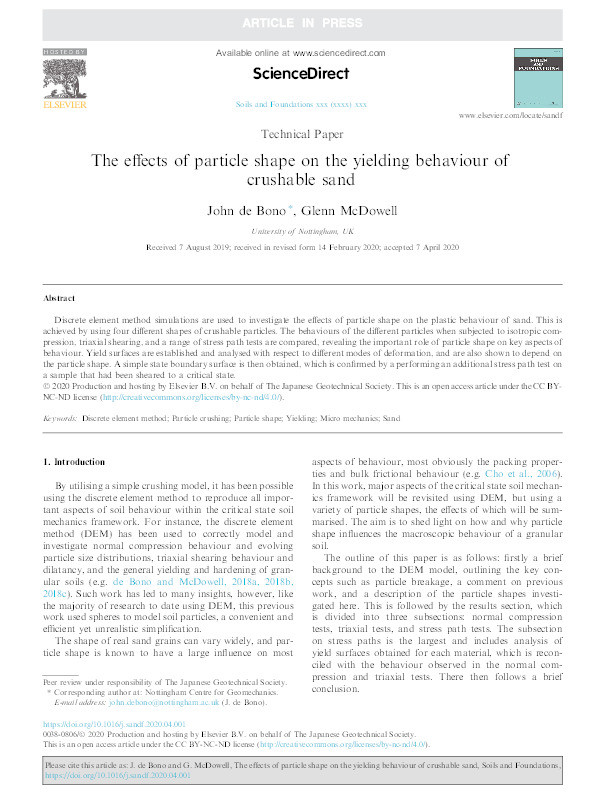 The effects of particle shape on the yielding behaviour of crushable sand Thumbnail