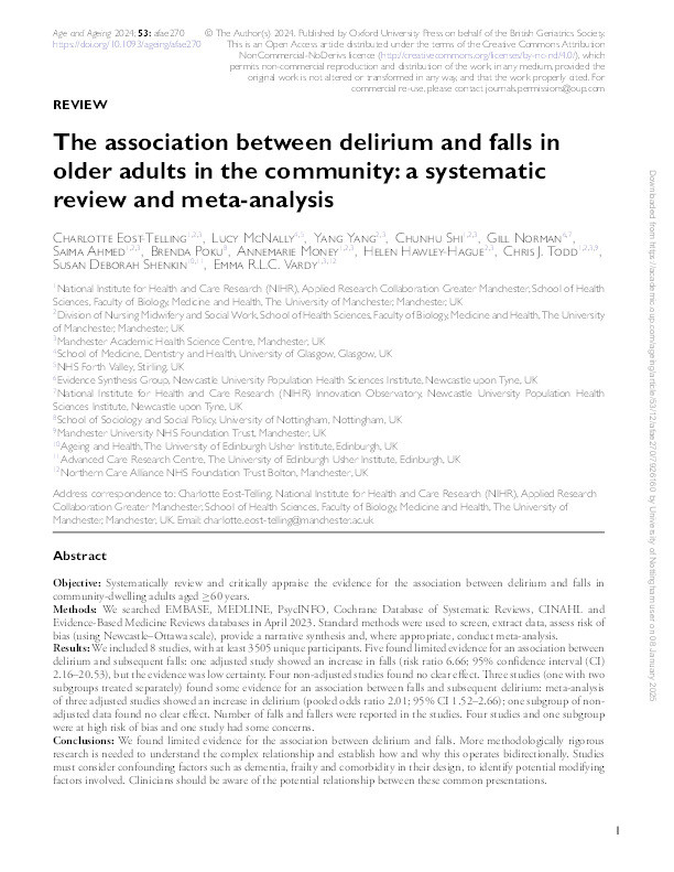 The association between delirium and falls in older adults in the community: a systematic review and meta-analysis Thumbnail