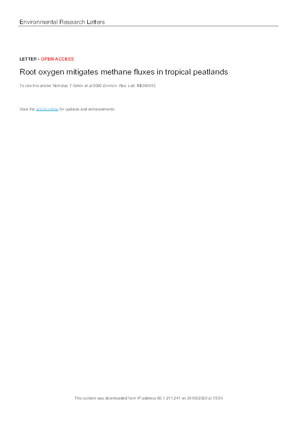 Root oxygen mitigates methane fluxes in tropical peatlands Thumbnail