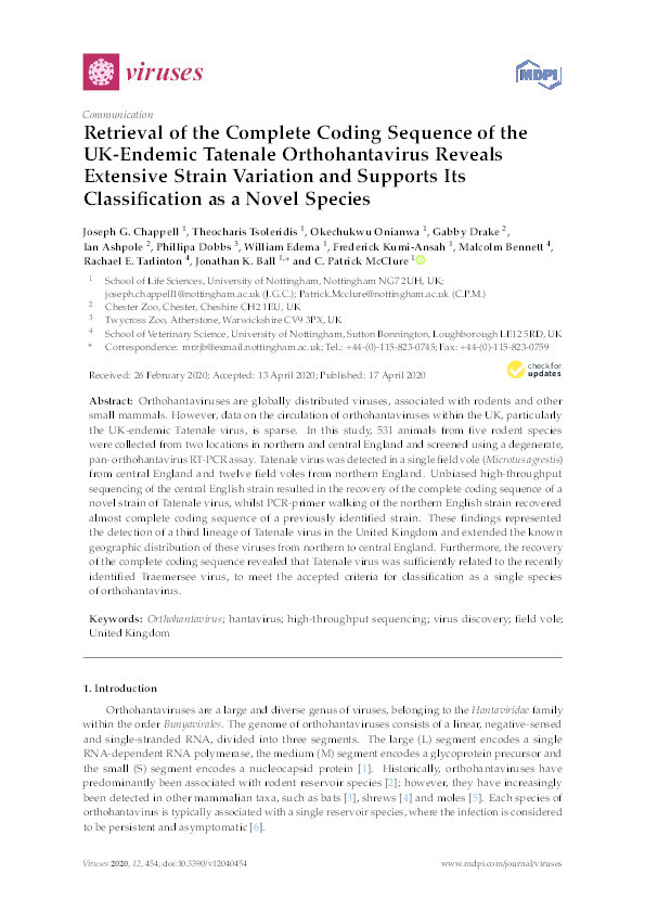 Retrieval of the Complete Coding Sequence of the UK-Endemic Tatenale Orthohantavirus Reveals Extensive Strain Variation and Supports Its Classification as a Novel Species Thumbnail