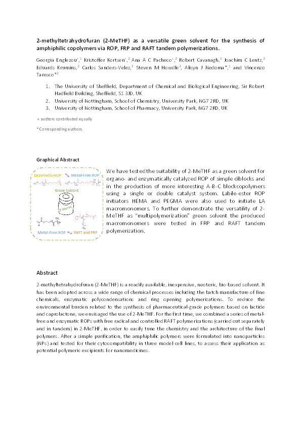 2‐Methyltetrahydrofuran (2‐MeTHF) as a versatile green solvent for the synthesis of amphiphilic copolymers via ROP, FRP, and RAFT tandem polymerizations Thumbnail