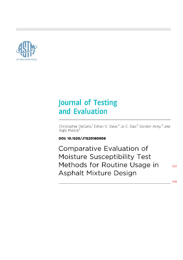 Comparative Evaluation of Moisture Susceptibility Test Methods for Routine Usage in Asphalt Mixture Design Thumbnail