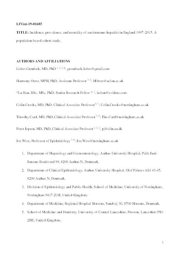 Incidence, prevalence and mortality of autoimmune hepatitis in England 1997-2015. A population-based cohort study Thumbnail