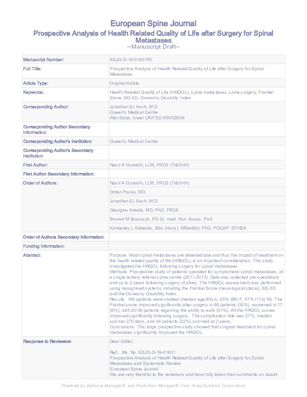 Prospective analysis of health-related quality of life after surgery for spinal metastases Thumbnail