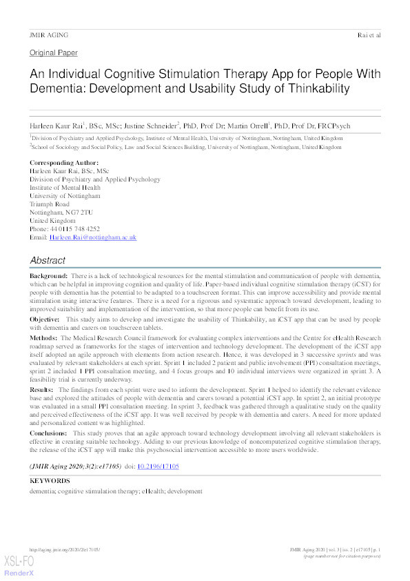 An Individual Cognitive Stimulation Therapy App for People With Dementia: Development and Usability Study of Thinkability Thumbnail