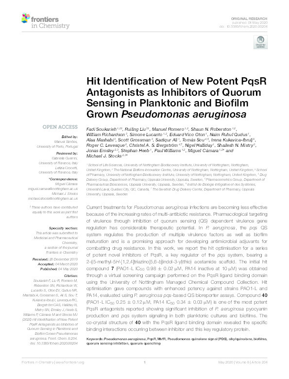 Hit Identification of New Potent PqsR Antagonists as Inhibitors of Quorum Sensing in Planktonic and Biofilm Grown Pseudomonas aeruginosa Thumbnail
