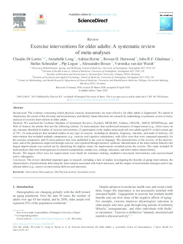 Exercise interventions for older adults: A systematic review of meta-analyses Thumbnail