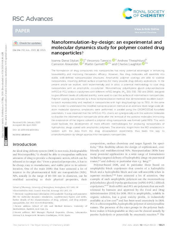 Nanoformulation-by-design: an experimental and molecular dynamics study for polymer coated drug nanoparticles Thumbnail