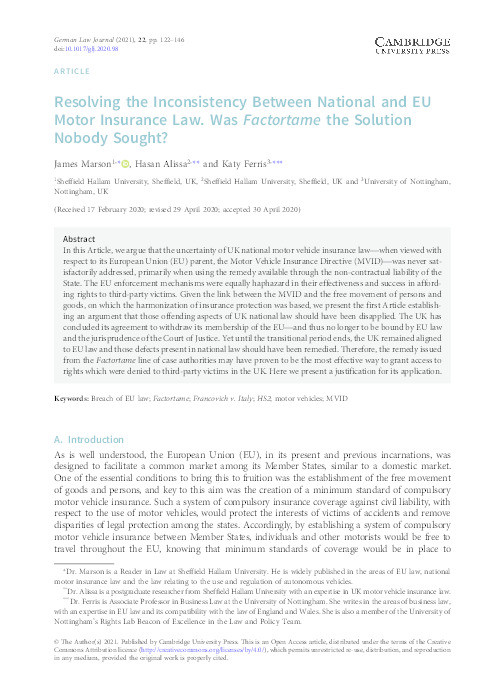 Resolving the Inconsistency between National and EU Motor Insurance Law. Was Factortame the Solution nobody Sought? Thumbnail