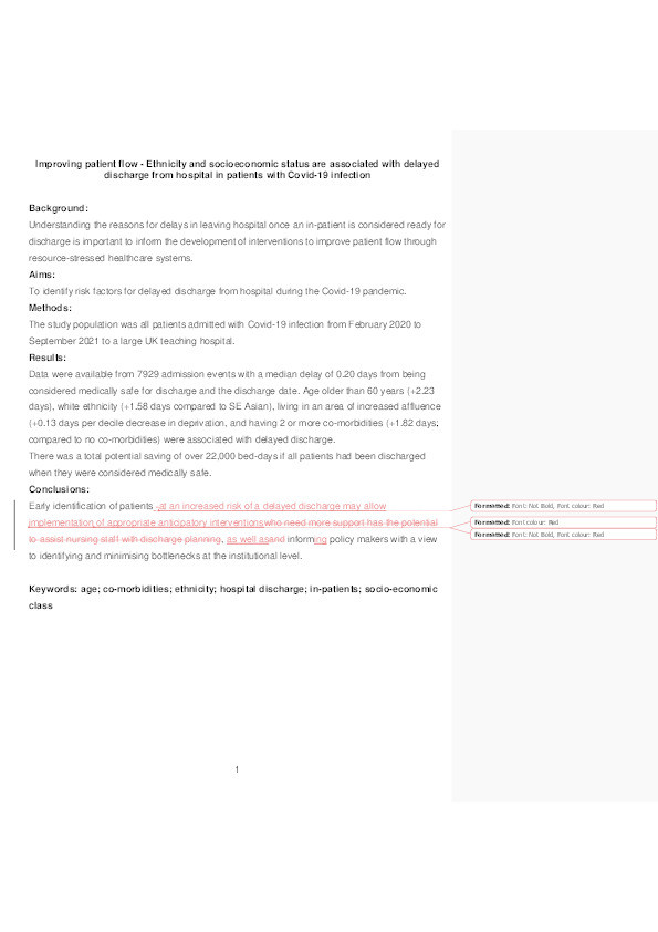 Improving patient flow - Ethnicity and socioeconomic status are associated with delayed discharge from hospital in patients with Covid-19 infection Background Thumbnail