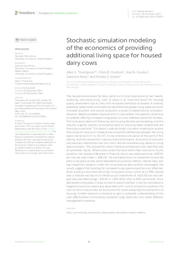 Stochastic simulation modeling of the economics of providing additional living space for housed dairy cows Thumbnail