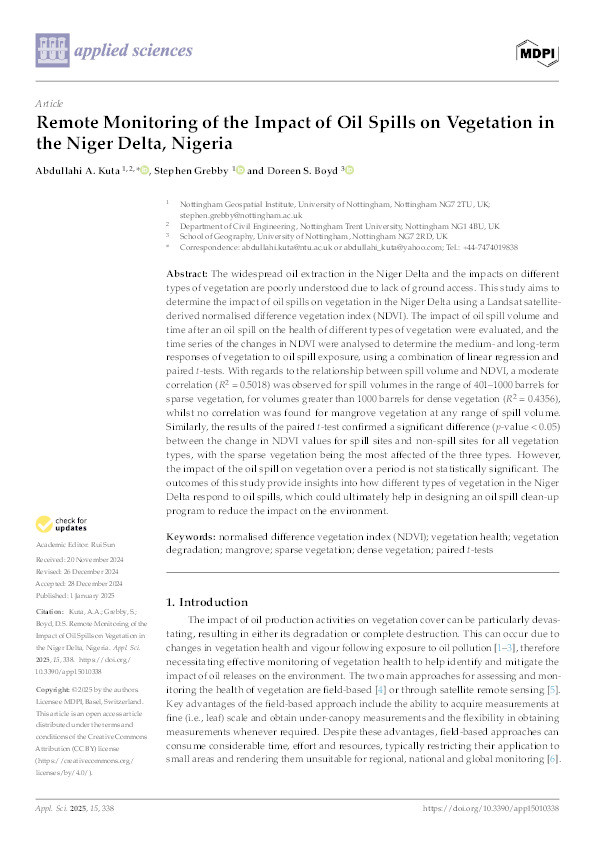 Remote Monitoring of the Impact of Oil Spills on Vegetation in the Niger Delta, Nigeria Thumbnail