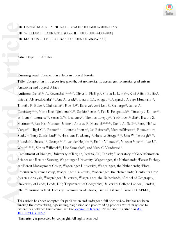 Competition influences tree growth, but not mortality, across environmental gradients in Amazonia and tropical Africa Thumbnail