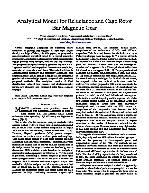 Analytical Model for Reluctance and Cage Rotor Bar Magnetic Gear Thumbnail