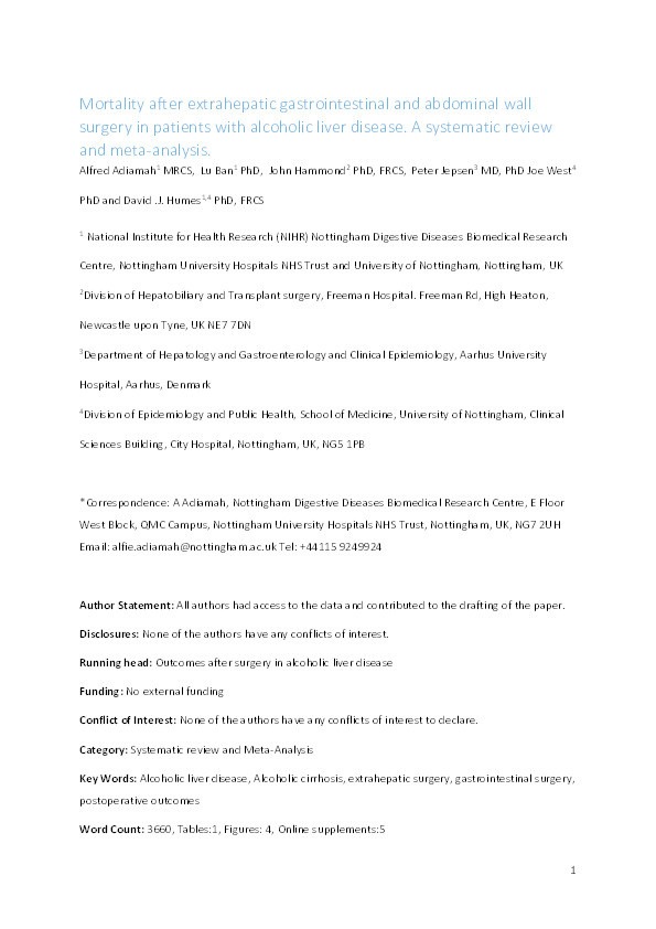 Mortality after extrahepatic gastrointestinal and abdominal wall surgery in patients with alcoholic liver disease: A systematic review and meta-analysis Thumbnail