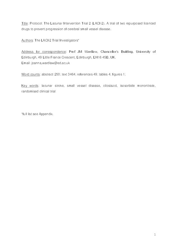 Protocol: The Lacunar Intervention Trial 2 (LACI-2). A trial of two repurposed licenced drugs to prevent progression of cerebral small vessel disease Thumbnail