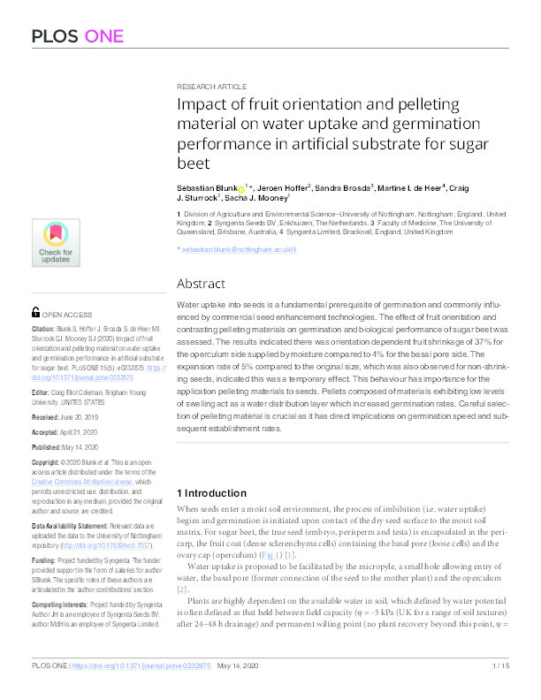 Impact of fruit orientation and pelleting material on water uptake and germination performance in artificial substrate for sugar beet Thumbnail