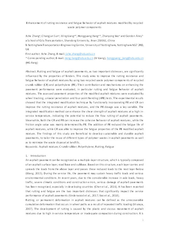 Experimental Exploration of Influence of Recycled Polymer Components on Rutting Resistance and Fatigue Behavior of Asphalt Mixtures Thumbnail