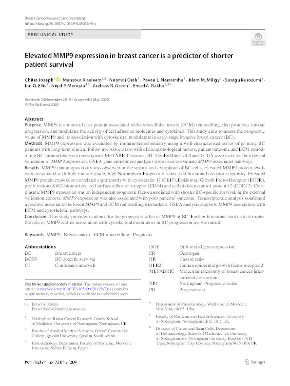 Elevated MMP9 expression in breast cancer is a predictor of shorter patient survival Thumbnail