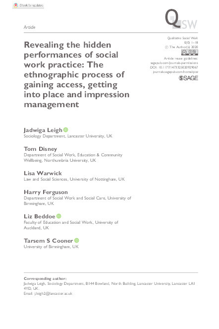 Revealing the hidden performances of social work practice: The ethnographic process of gaining access, getting into place and impression management Thumbnail