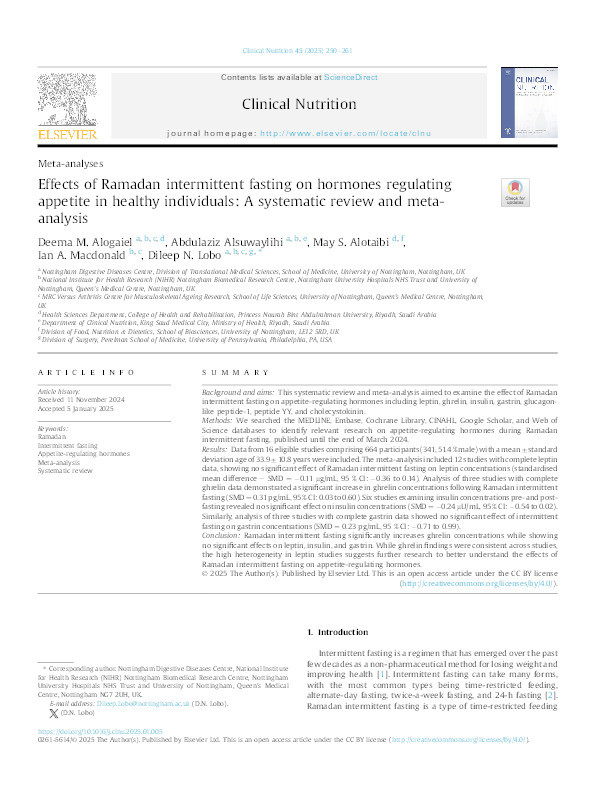 Effects of Ramadan intermittent fasting on hormones regulating appetite in healthy individuals: A systematic review and meta-analysis Thumbnail