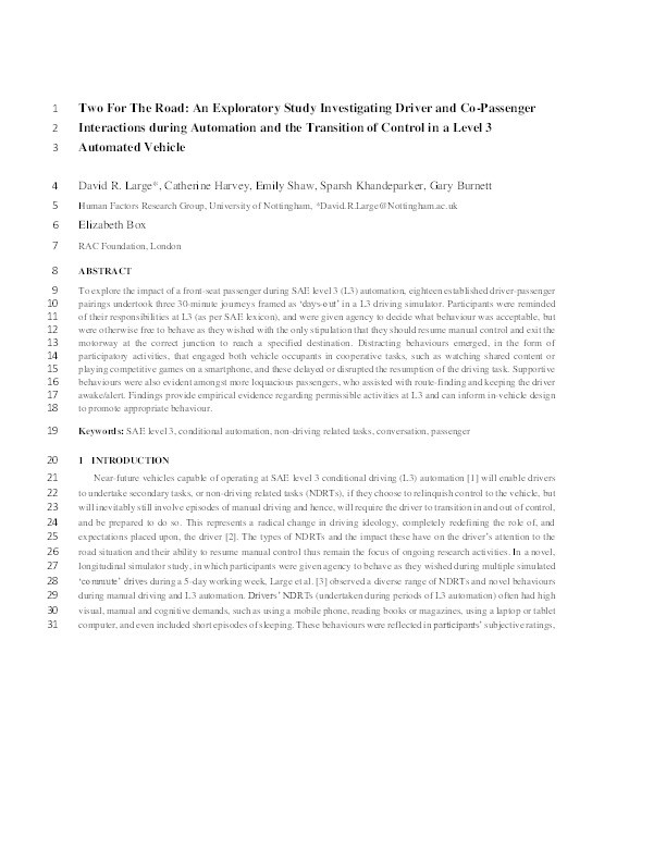 Two For The Road: An Exploratory Study Investigating Driver and Co-Passenger Interactions during Automation and the Transition of Control in a Level 3 Automated Vehicle Thumbnail