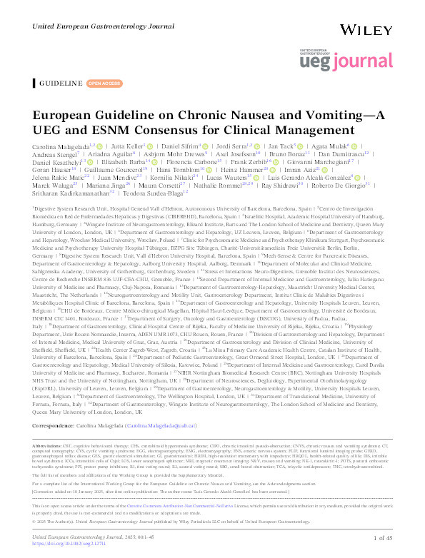 European Guideline on Chronic Nausea and Vomiting—A UEG and ESNM Consensus for Clinical Management Thumbnail