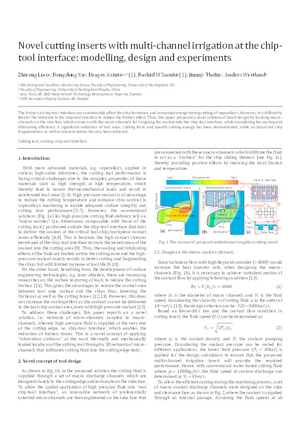 Novel cutting inserts with multi-channel irrigation at the chip-tool interface: Modelling, design and experiments Thumbnail