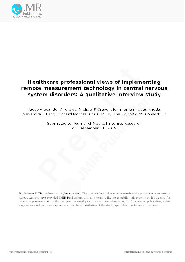 Healthcare professional views of implementing remote measurement technology in central nervous system disorders: A qualitative interview study (Preprint) Thumbnail