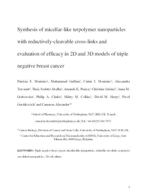 Synthesis of micellar-like terpolymer nanoparticles with reductively-cleavable cross-links and evaluation of efficacy in 2D and 3D models of triple negative breast cancer Thumbnail