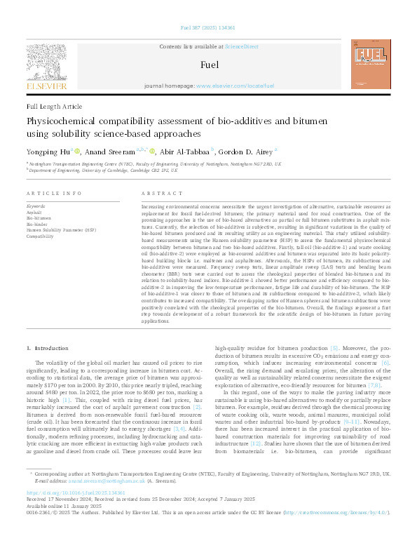 Physicochemical compatibility assessment of bio-additives and bitumen using solubility science-based approaches Thumbnail