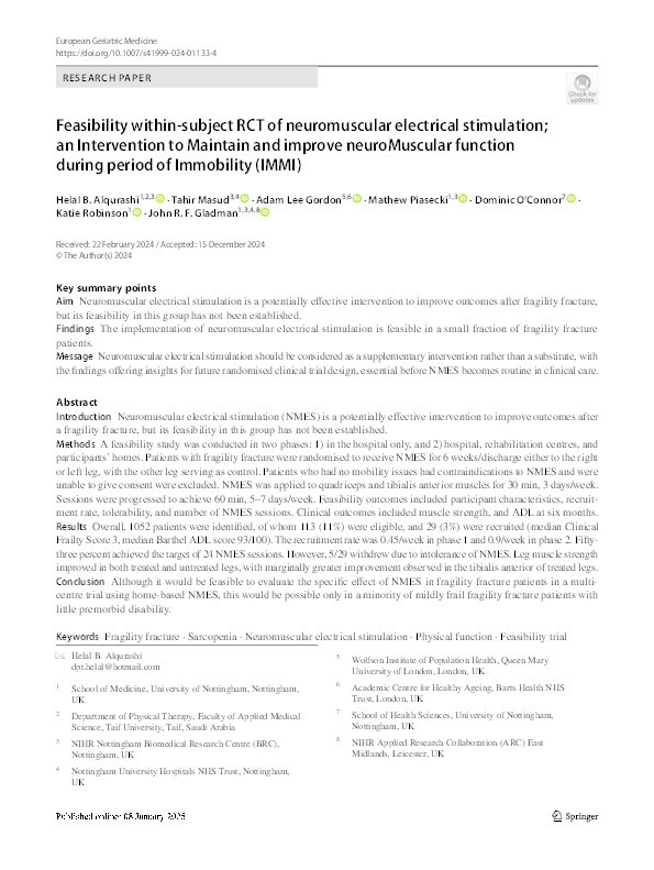 Feasibility within-subject RCT of neuromuscular electrical stimulation; an Intervention to Maintain and improve neuroMuscular function during period of Immobility (IMMI) Thumbnail