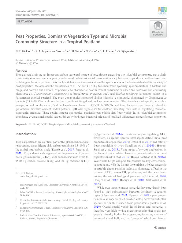 Peat Properties, Dominant Vegetation Type and Microbial Community Structure in a Tropical Peatland Thumbnail