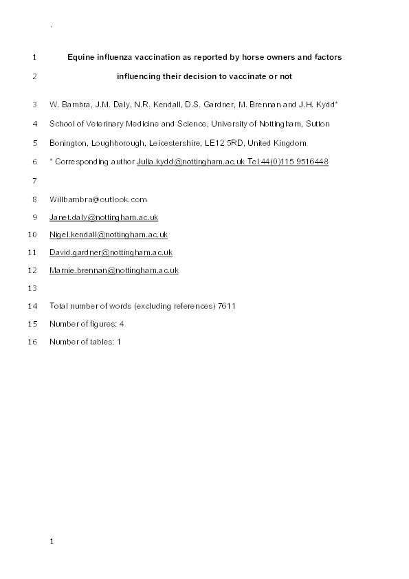 Equine influenza vaccination as reported by horse owners and factors influencing their decision to vaccinate or not Thumbnail